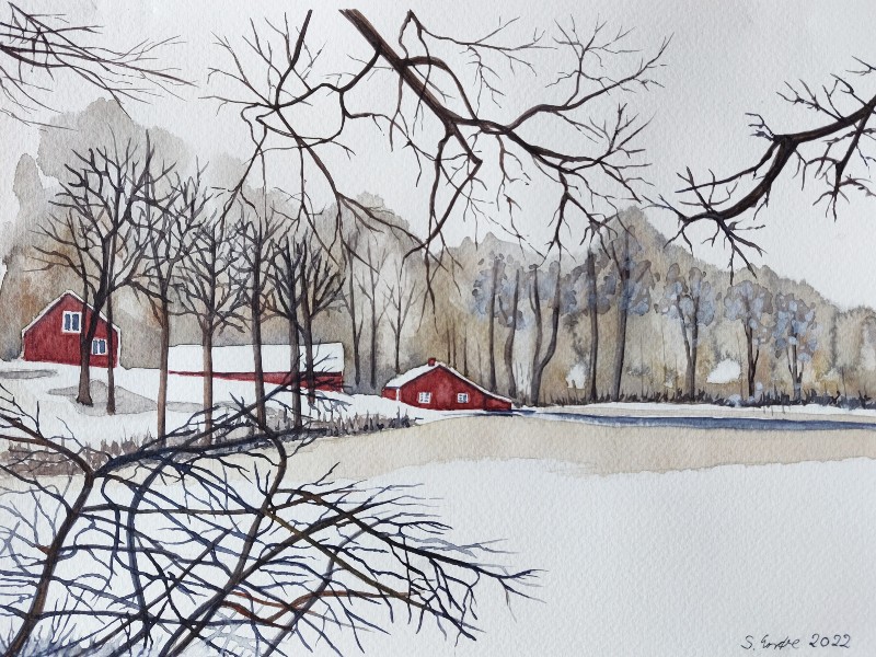 Den gamla kvarn i Lidhult vid vinter 2 - akvarell.jpg