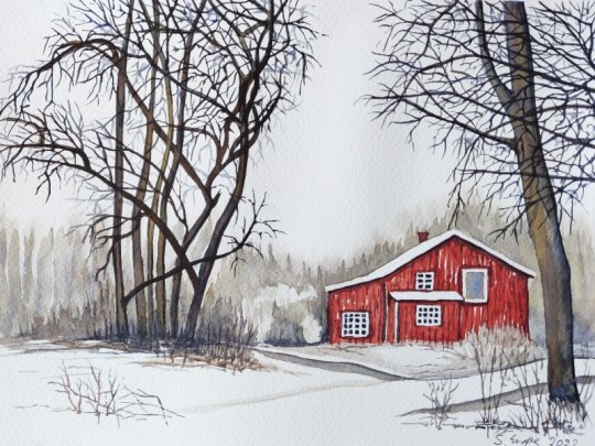 Den gamla kvarn i Lidhult vid vinter 1 - akvarell.jpg