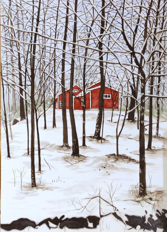 Akvarell - Rombergshyttan i snö (storformat). jpg